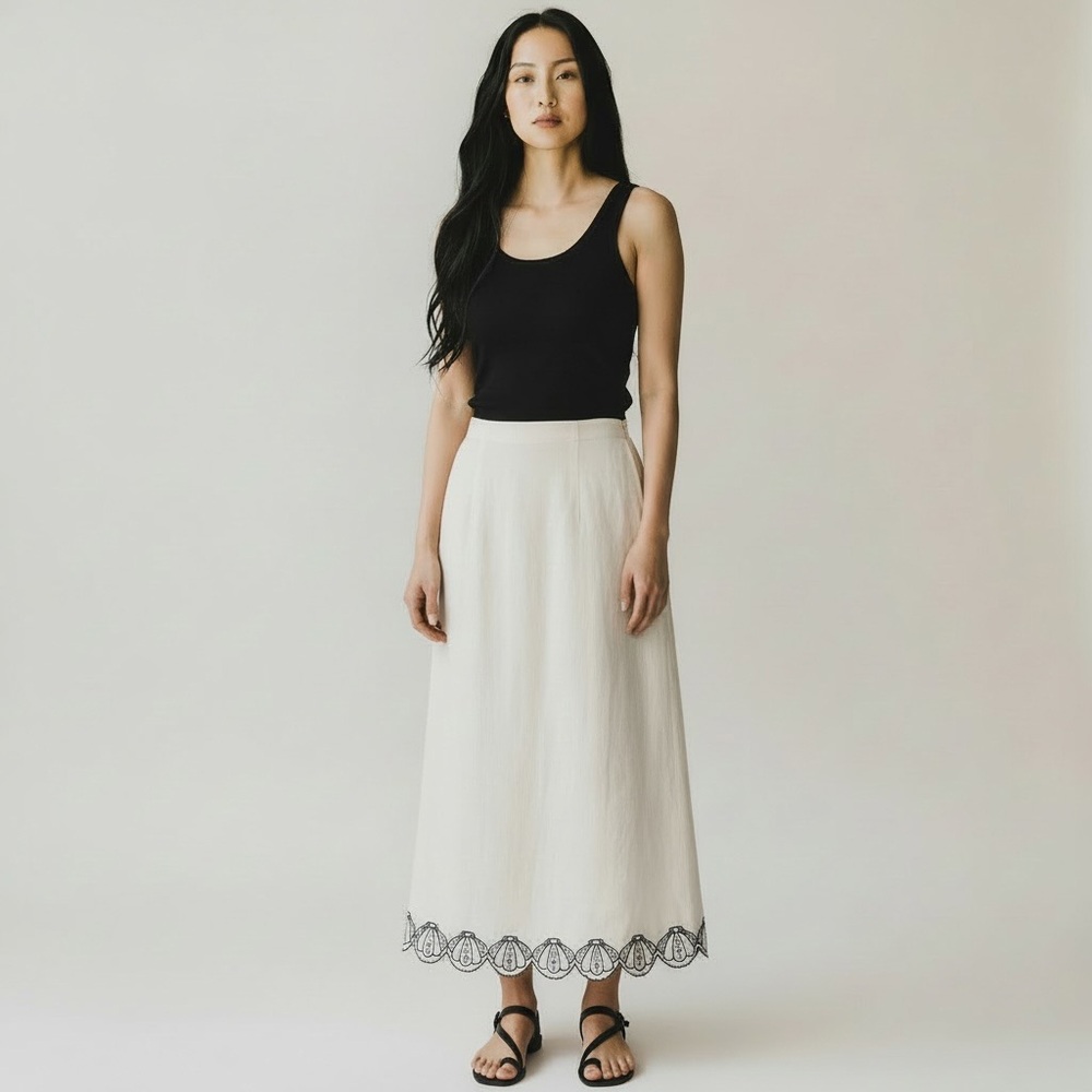 Joie Cream Linen Midi Skirt with Black Beaded Shell Detailing